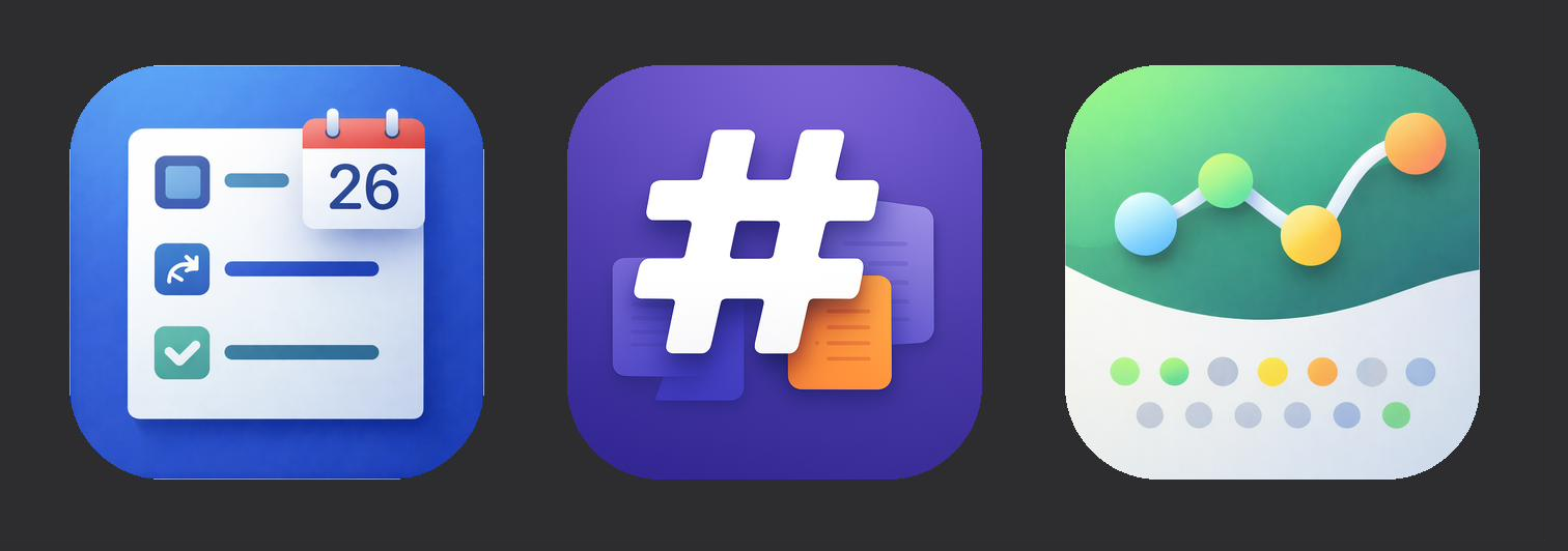 The taskru, markru, and liferu app icons